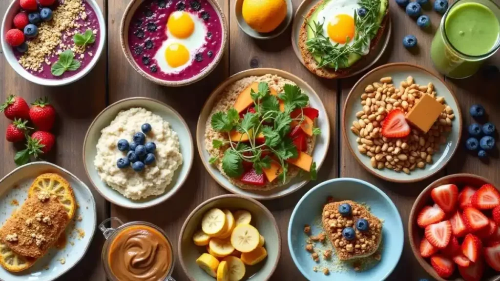 Assorted healthy breakfast dishes, including avocado toast, smoothie bowls, chia pudding, and yogurt parfaits, arranged on a table