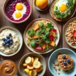 Assorted healthy breakfast dishes, including avocado toast, smoothie bowls, chia pudding, and yogurt parfaits, arranged on a table