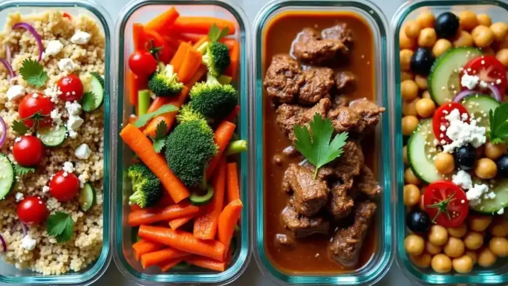 Assorted meal prep dishes, including baked salmon, spaghetti squash with turkey meatballs, and veggie-packed lentil soup, arranged in containers