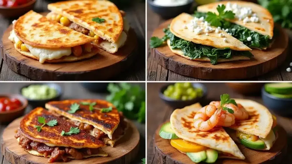 An assortment of quesadillas, including chicken, veggie, shrimp, and black bean, served with various dips on a rustic platter