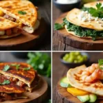 An assortment of quesadillas, including chicken, veggie, shrimp, and black bean, served with various dips on a rustic platter