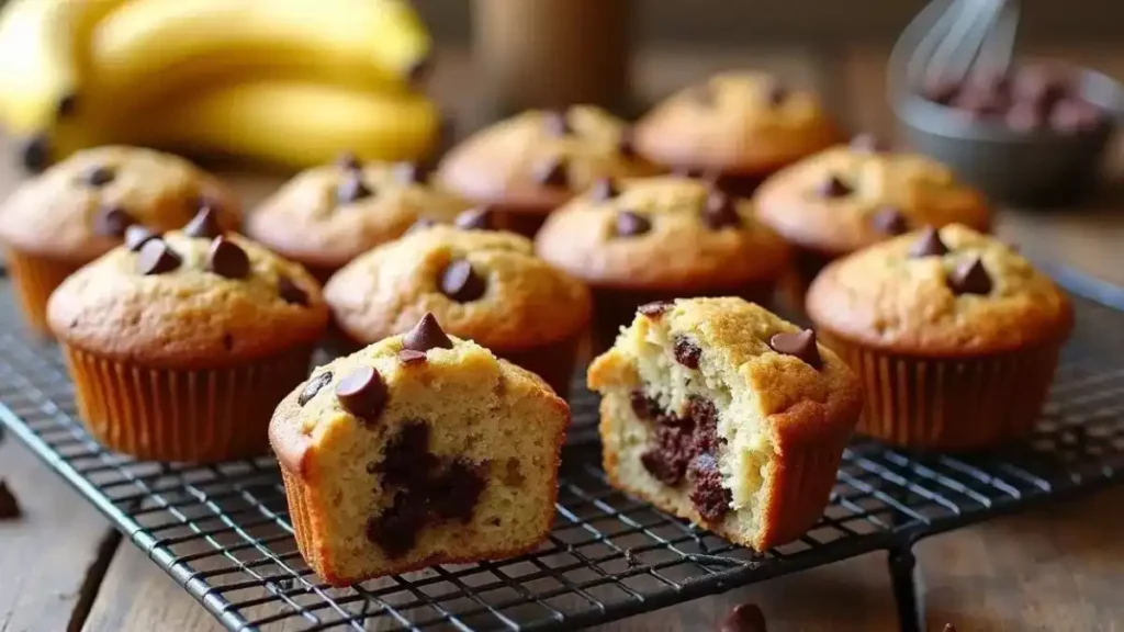 Assorted banana chocolate chip treats on a wooden table