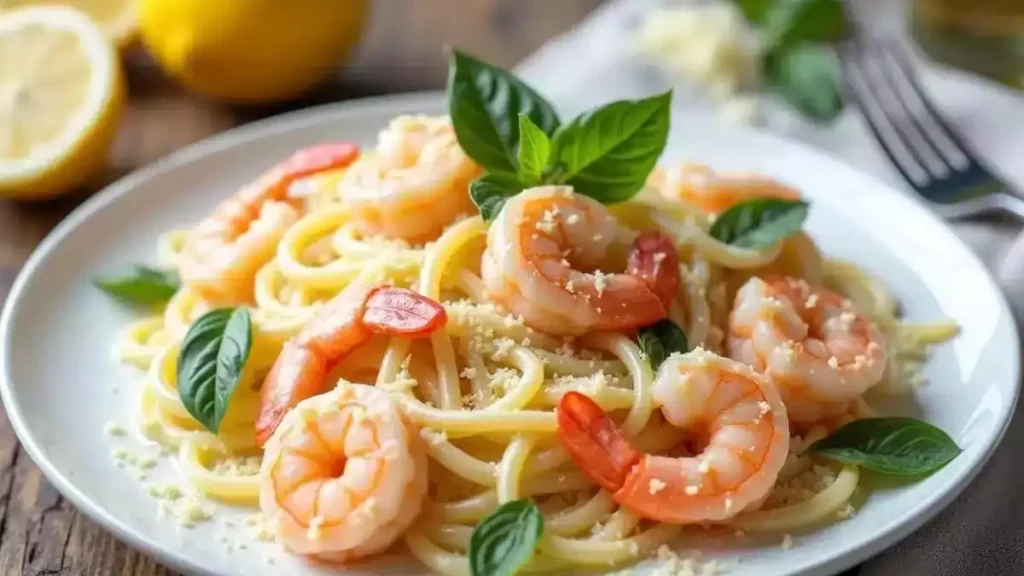 Assorted shrimp pasta dishes, including garlic butter, creamy lemon, and tomato basil shrimp pasta, beautifully plated with garnishes