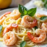 Assorted shrimp pasta dishes, including garlic butter, creamy lemon, and tomato basil shrimp pasta, beautifully plated with garnishes