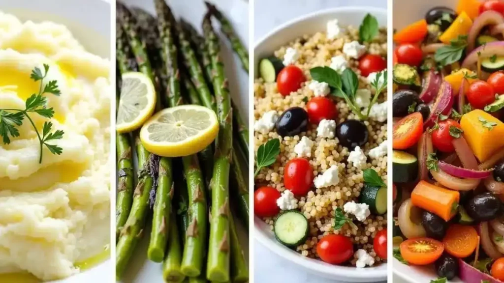 Assorted side dishes, including Mediterranean chickpea salad, honey glazed carrots, and lemon herb couscous, elegantly arranged on a table