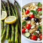 Assorted side dishes, including Mediterranean chickpea salad, honey glazed carrots, and lemon herb couscous, elegantly arranged on a table