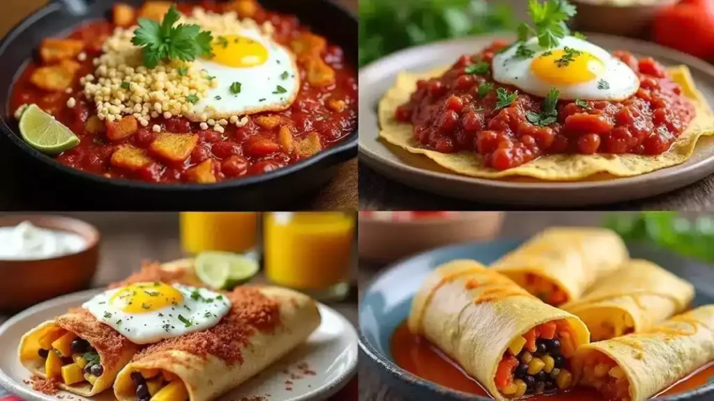 Assorted Mexican breakfast dishes on a rustic table