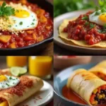 Assorted Mexican breakfast dishes on a rustic table