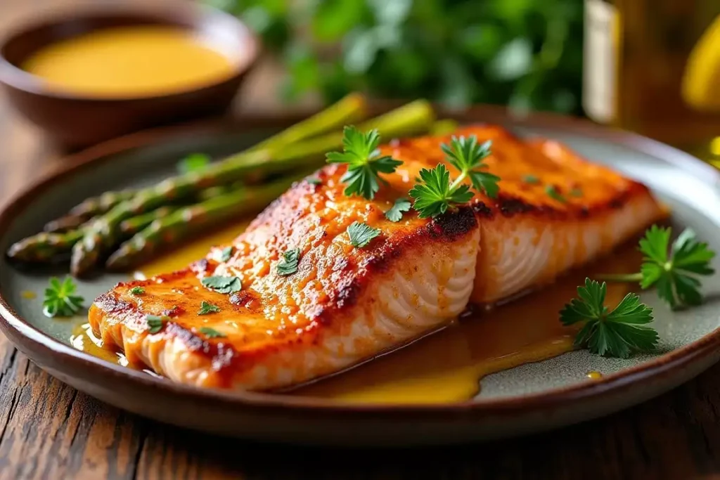 Cane's Sauce baked salmon garnished with fresh herbs, served with a side of vegetables