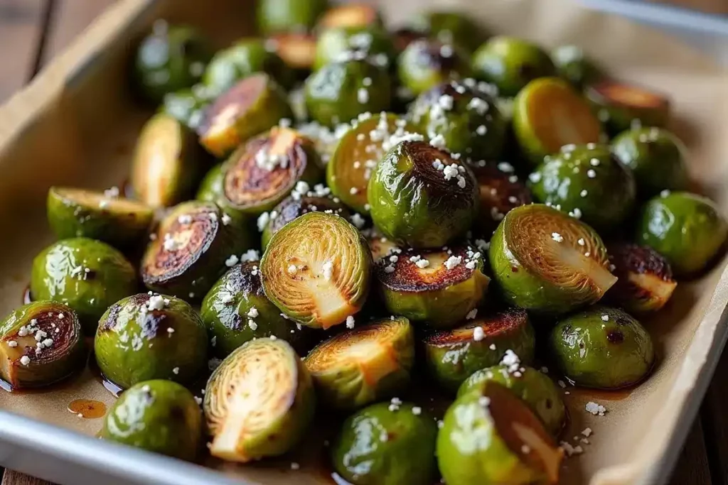 Garlic Parmesan roasted Brussels sprouts on a baking sheet, garnished with fresh parsley