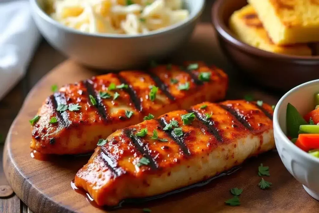 BBQ glazed chicken tenderloins brushed with sauce, garnished with parsley, served with coleslaw and cornbread