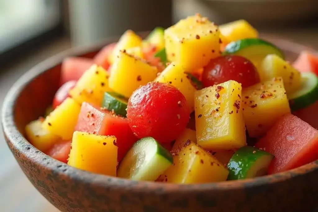 Mexican fruit salad with watermelon, mango, and pineapple, sprinkled with Tajín