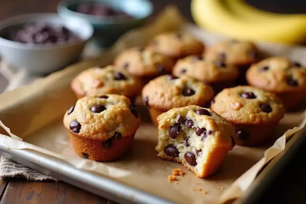 Banana chocolate chip muffin tops on a baking sheet, golden and slightly crispy