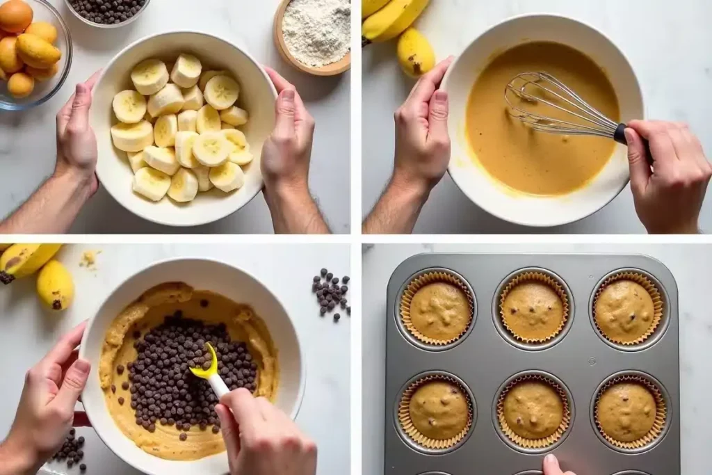 Banana chocolate chip muffin batter being mixed in a bowl with simple ingredients nearby