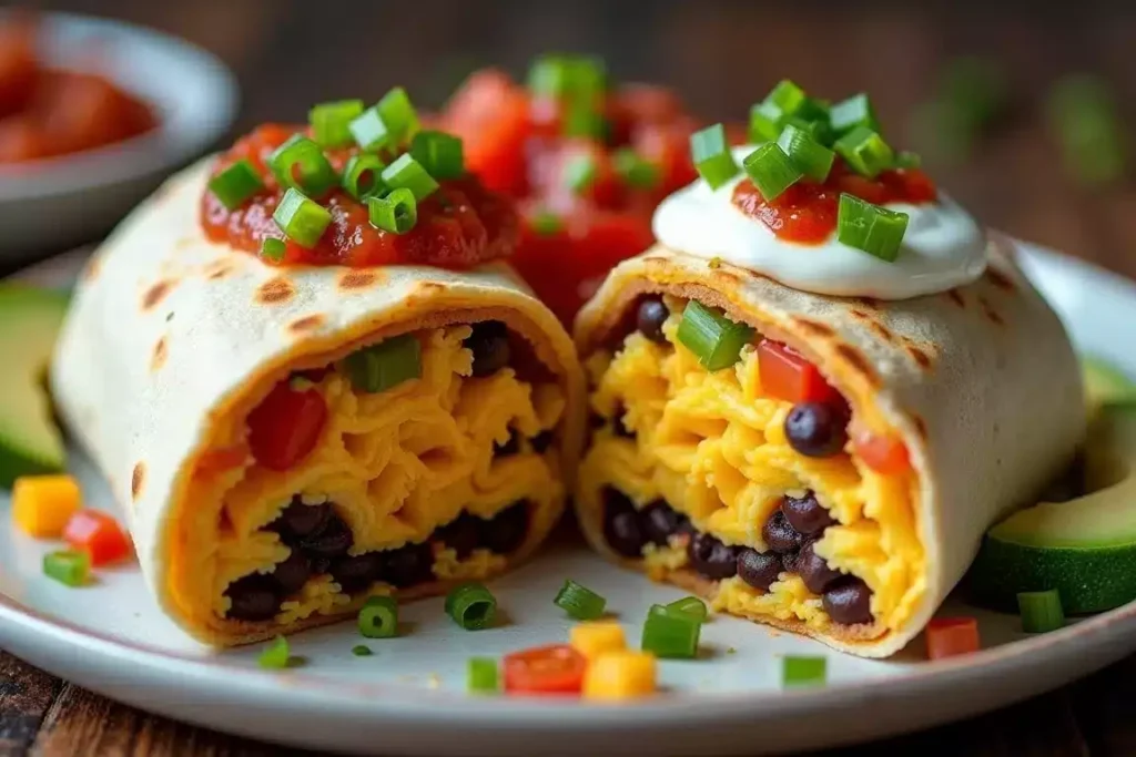 Mexican breakfast burrito filled with scrambled eggs, cheese, and beans, wrapped in a warm tortilla