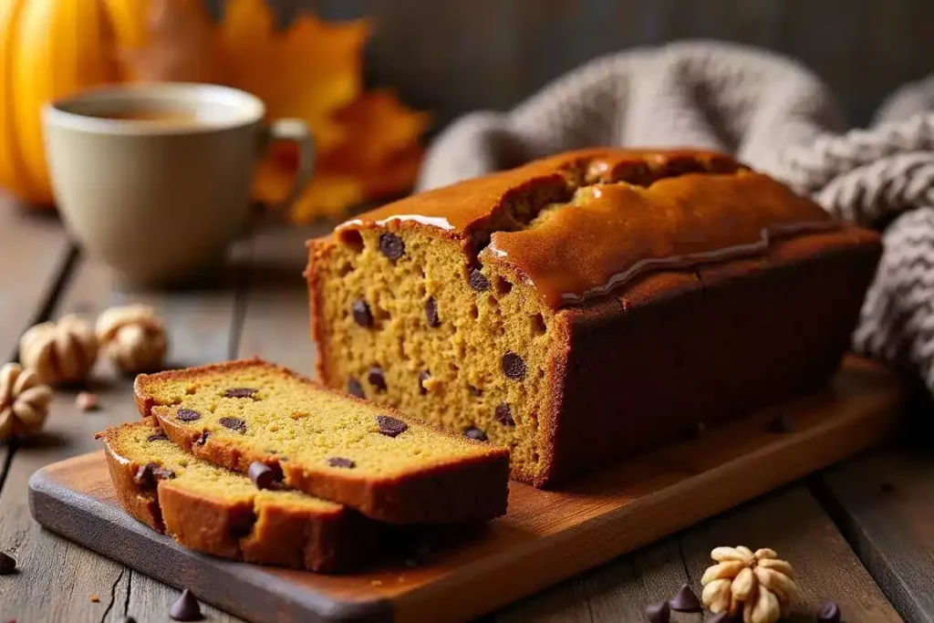 Freshly baked pumpkin banana bread sliced on a wooden board, garnished with cinnamon and nutmeg