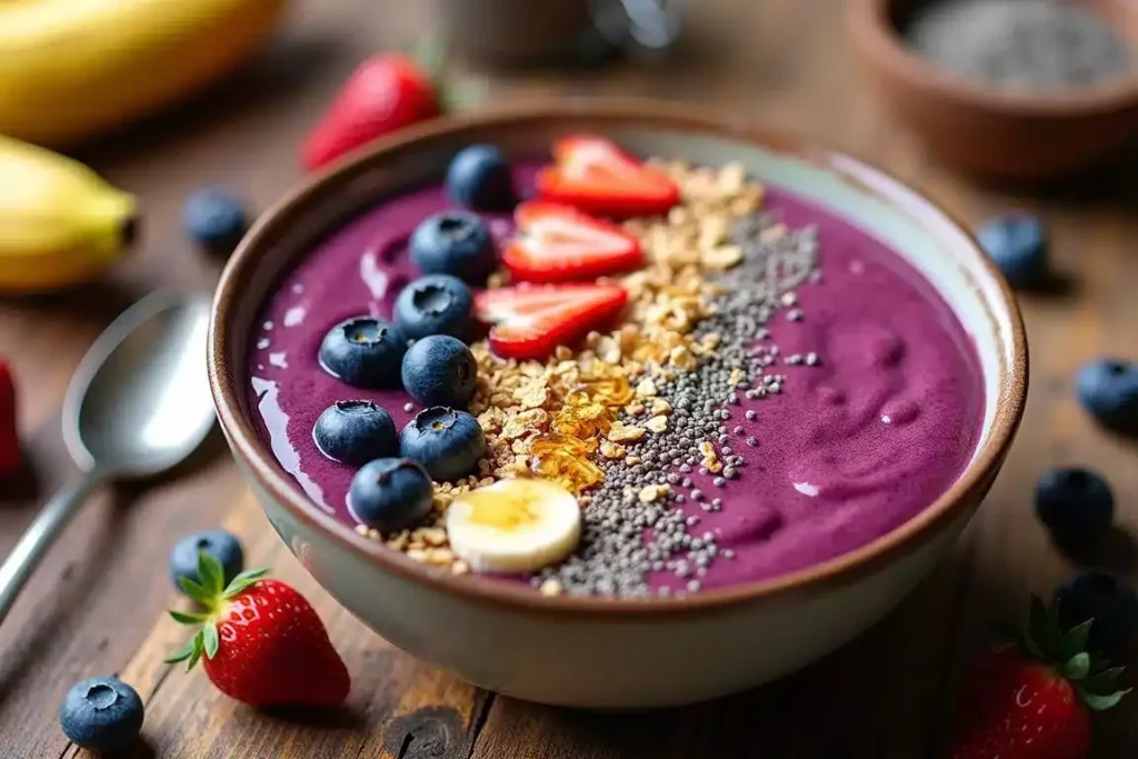 Berry banana smoothie bowl topped with granola, fresh fruit, and seeds