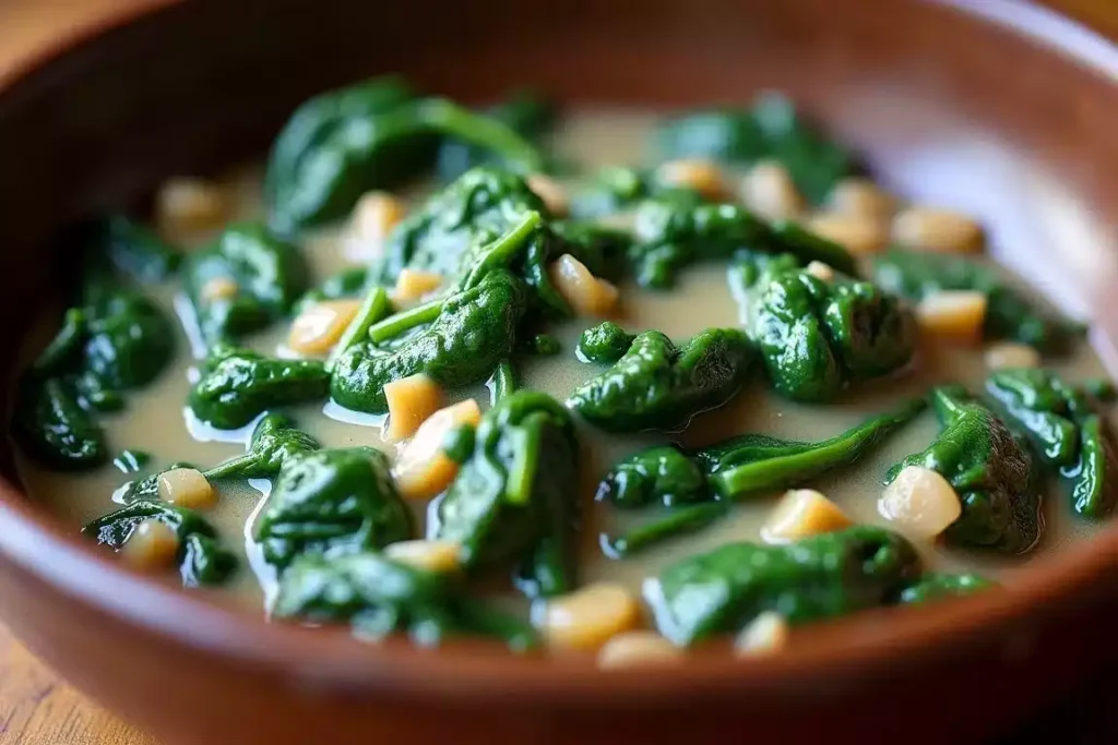 Creamed spinach in a bowl, garnished with grated Parmesan and a sprinkle of nutmeg