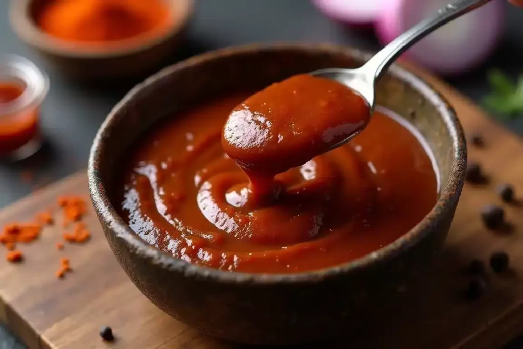 Smoky Barbecue Cane's Sauce in a bowl, garnished with a dash of smoked paprika, served with fries