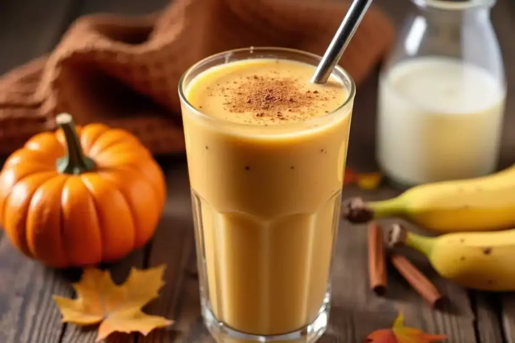 Creamy pumpkin banana smoothie in a glass, topped with cinnamon and a straw