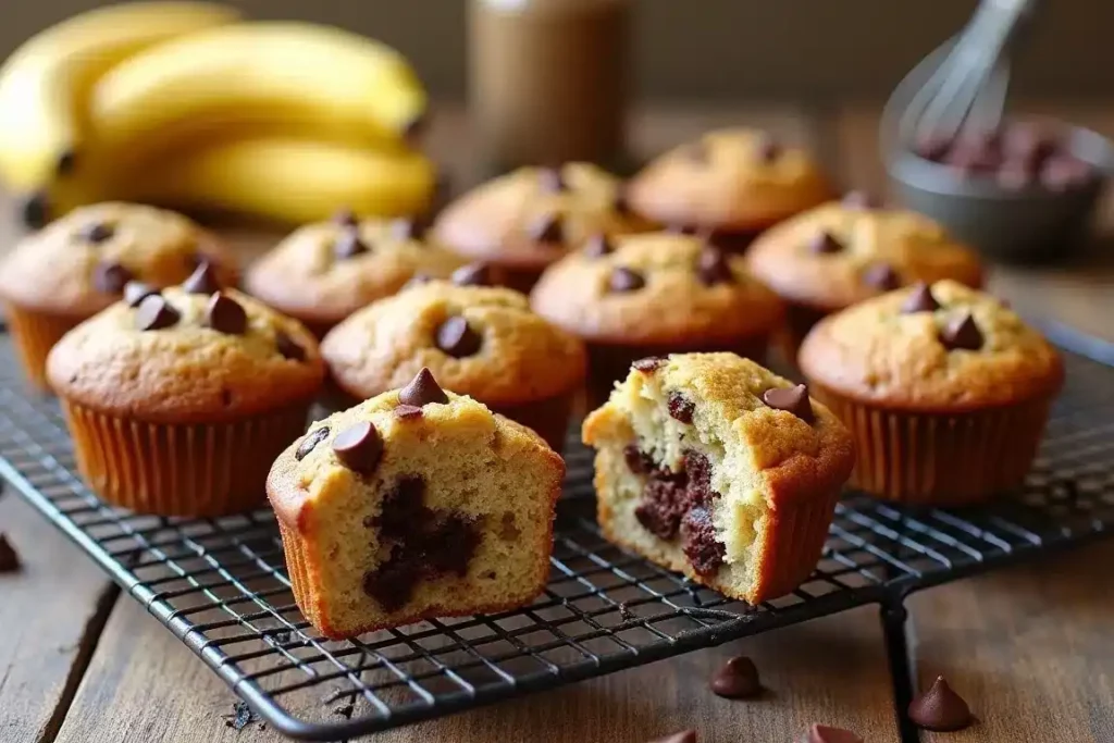 Freshly baked banana chocolate chip muffins on a cooling rack