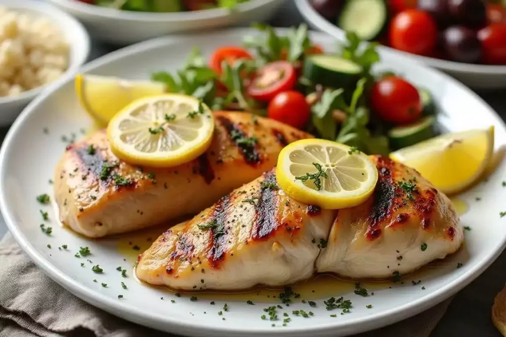 Mediterranean lemon oregano chicken tenderloins garnished with lemon slices and oregano, served with couscous and grilled vegetables