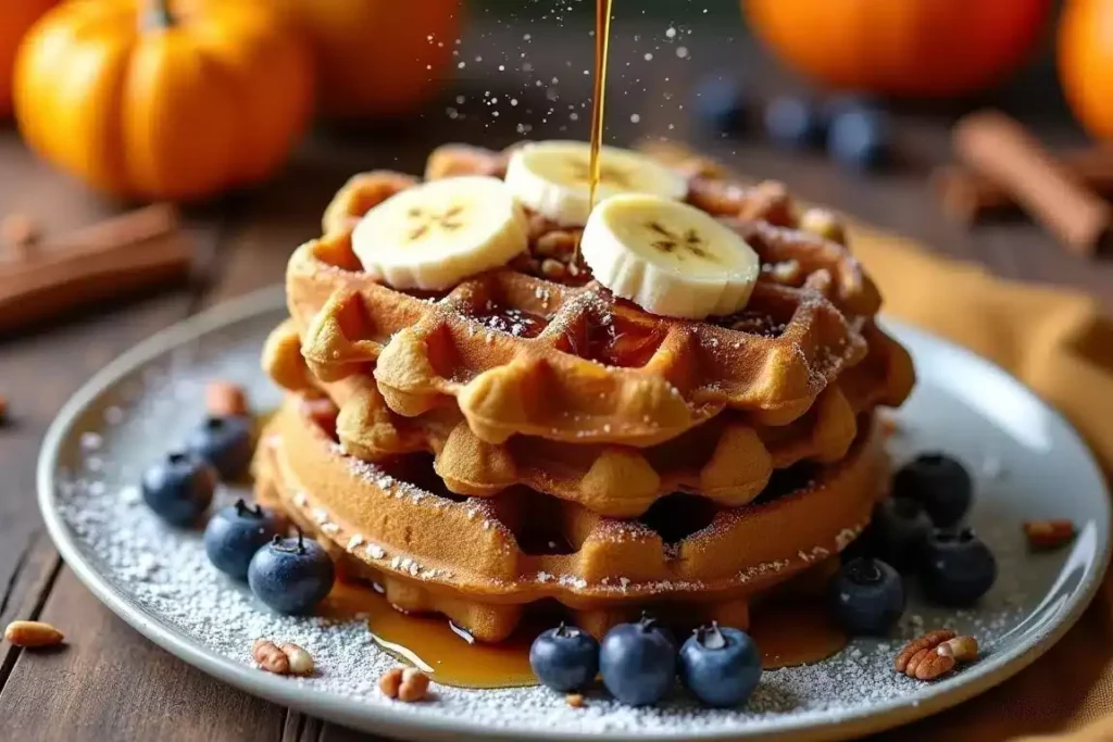 Pumpkin banana waffles stacked on a plate, topped with sliced bananas and a drizzle of maple syrup