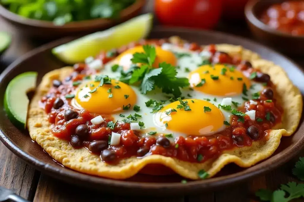 Classic huevos rancheros with fried eggs on tortillas, topped with spicy tomato-chili sauce