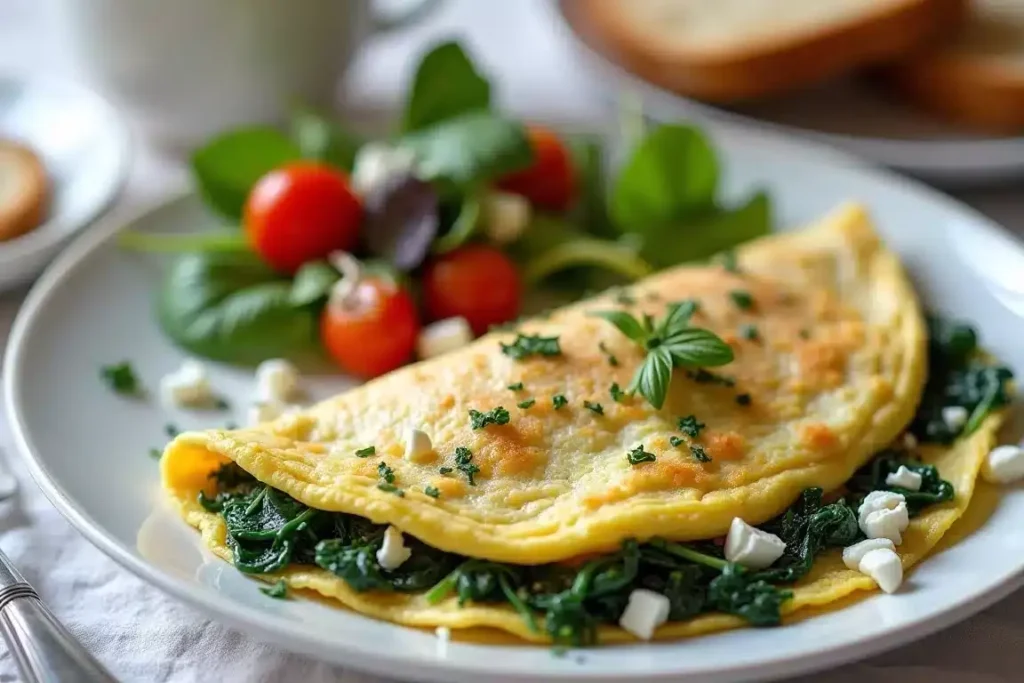 Spinach and feta omelet folded on a plate, garnished with fresh spinach leaves