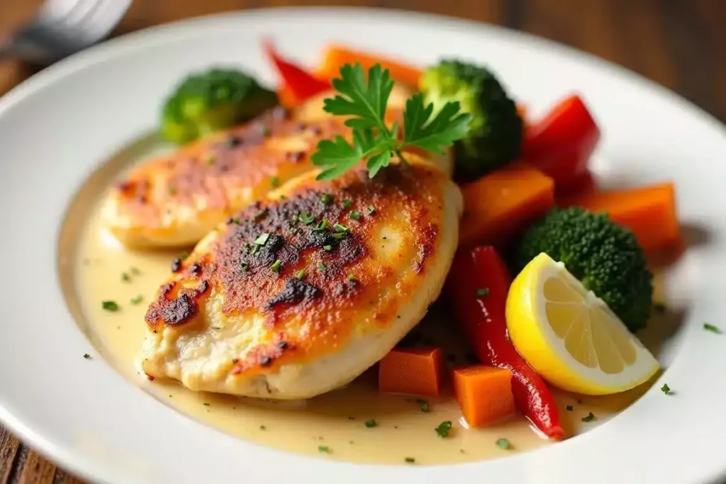 Cooked Chicken tenderloin recipes garnished with fresh herbs, served on a plate with a side of vegetables