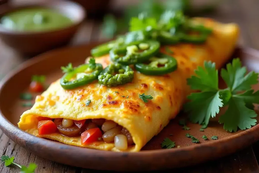 Mexican omelette filled with veggies and cheese, topped with salsa verde