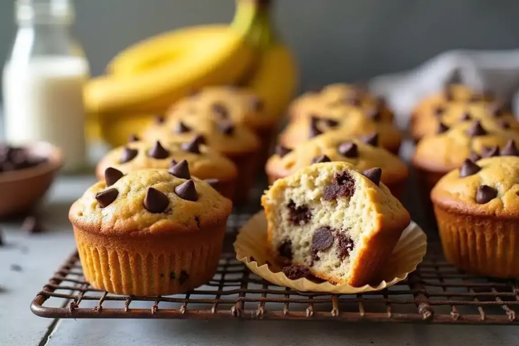 Vegan banana chocolate chip muffins on a cooling rack, with a bite taken from one