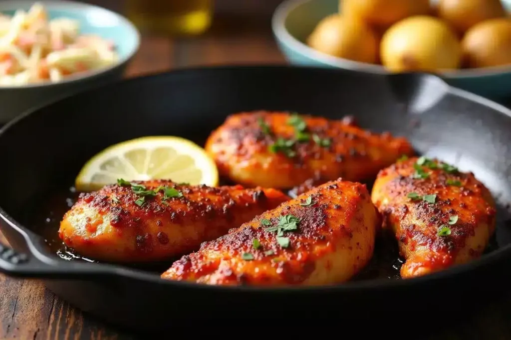 Spicy Cajun chicken tenderloins garnished with fresh parsley, served with roasted potatoes and coleslaw