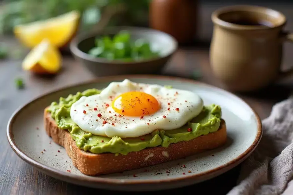 Avocado toast topped with a poached egg and a sprinkle of pepper on a plate