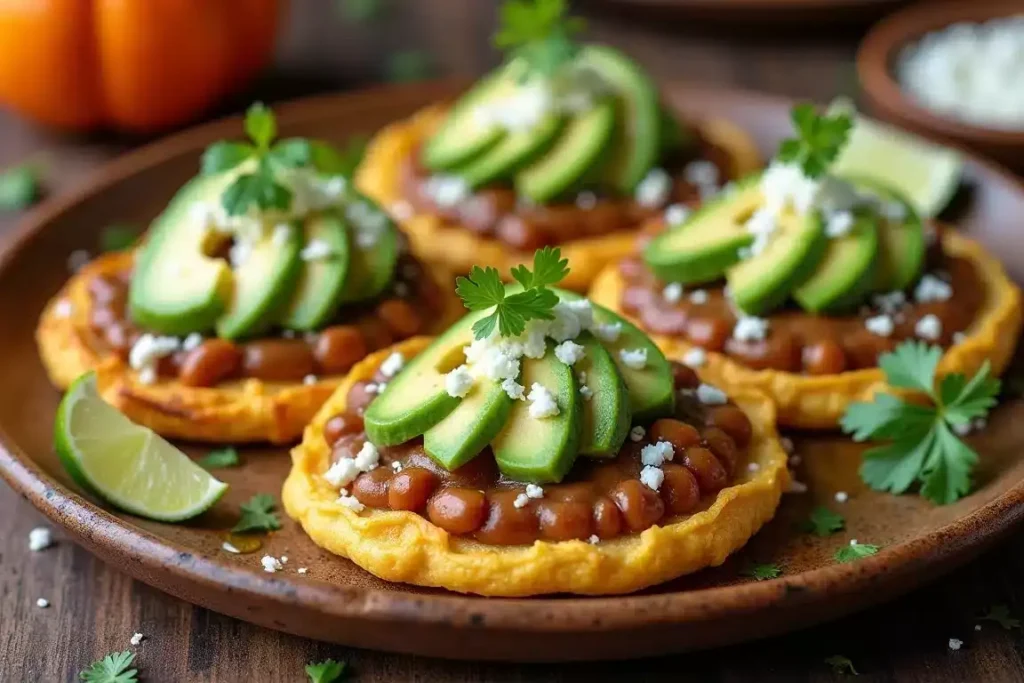 Sopes topped with refried beans, avocado slices, and cheese on a rustic plate