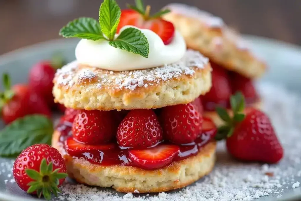 Vegan strawberry shortcake with fluffy vegan biscuits, fresh strawberries, and coconut cream, served on a plate