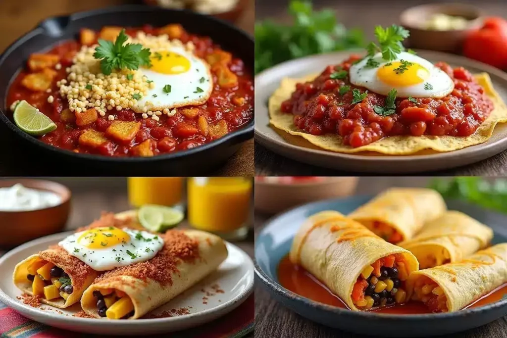 A vibrant Mexican Breakfast Ideas spread featuring huevos rancheros, sweet corn tamales, and fresh salsa