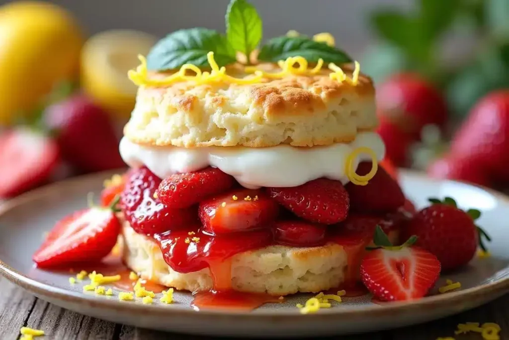 Lemon-infused strawberry shortcake with zesty biscuits and lemon whipped cream, garnished with fresh strawberries