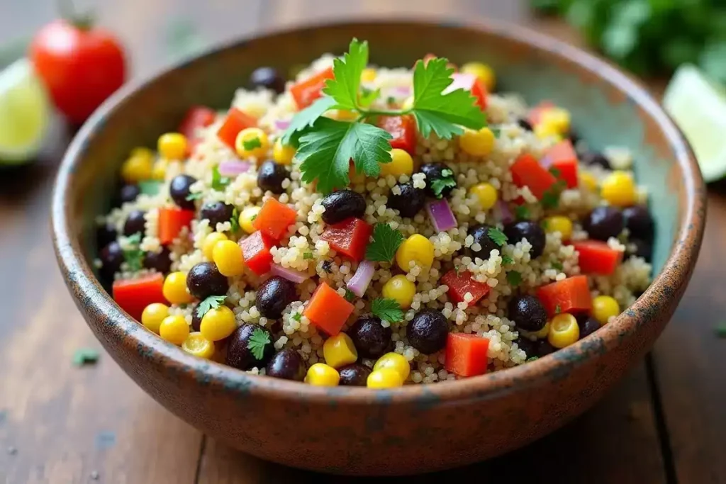 Quinoa and black bean salad with red bell peppers and cilantro, served in a bowl