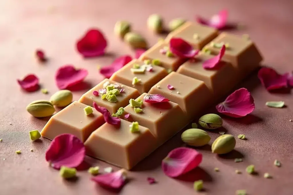 Milk chocolate bar topped with rose petals and pistachios, elegantly presented