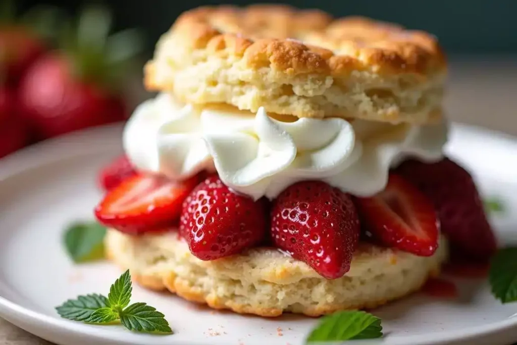 Classic strawberry shortcake with buttery biscuits, macerated strawberries, and whipped cream, served on a plate