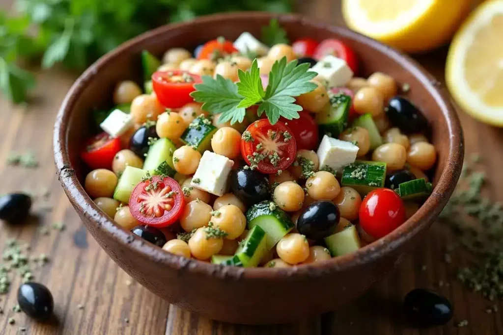 Mediterranean chickpea salad with cucumbers, tomatoes, olives, and feta, tossed in a lemon dressing