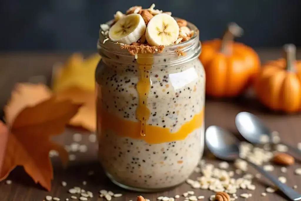 Pumpkin banana overnight oats in a jar, topped with sliced bananas and a dash of cinnamon