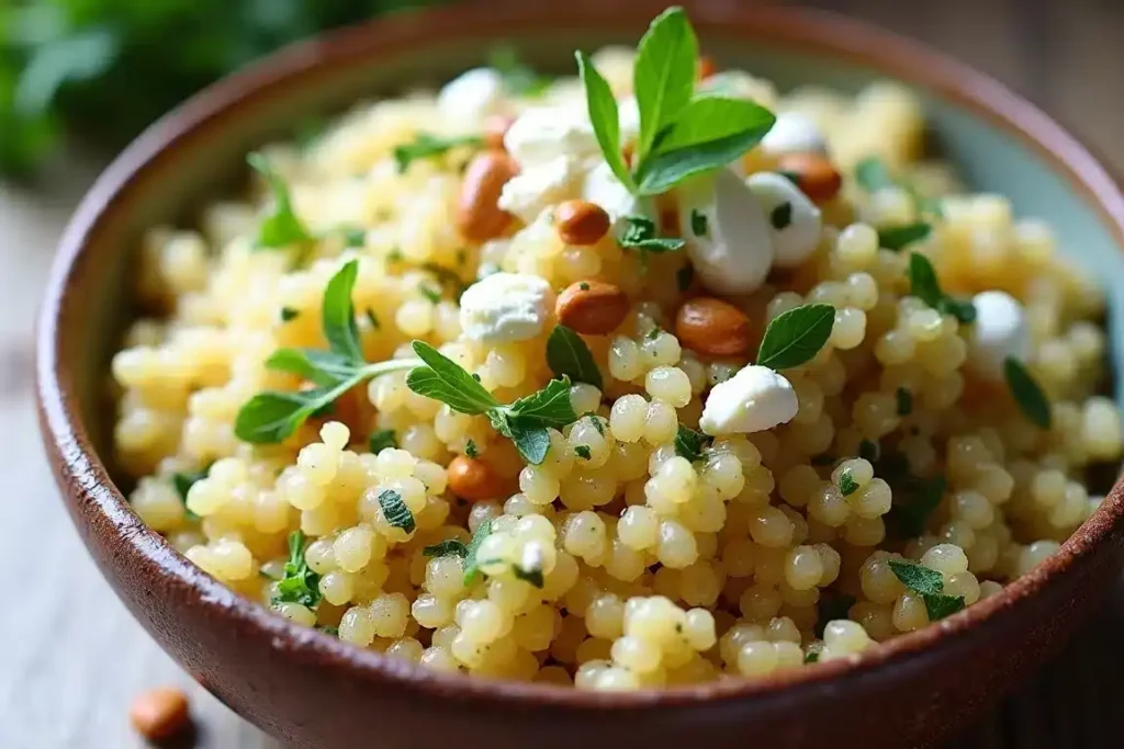 Lemon herb couscous with parsley, mint, pine nuts, and feta, served in a bowl