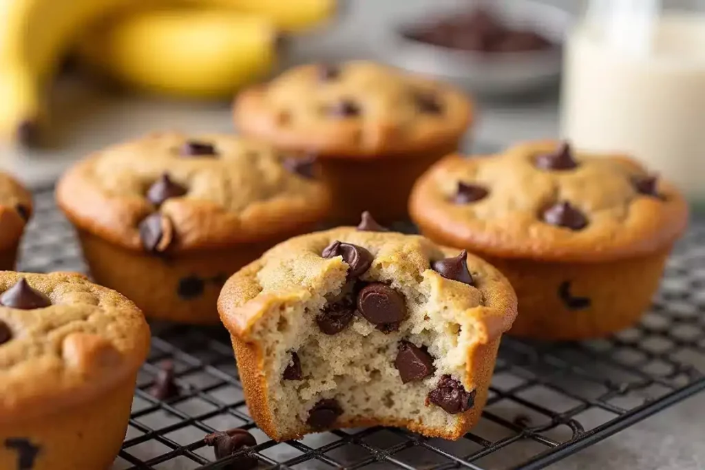 Gluten-free banana chocolate chip muffins on a plate, topped with extra chocolate chips