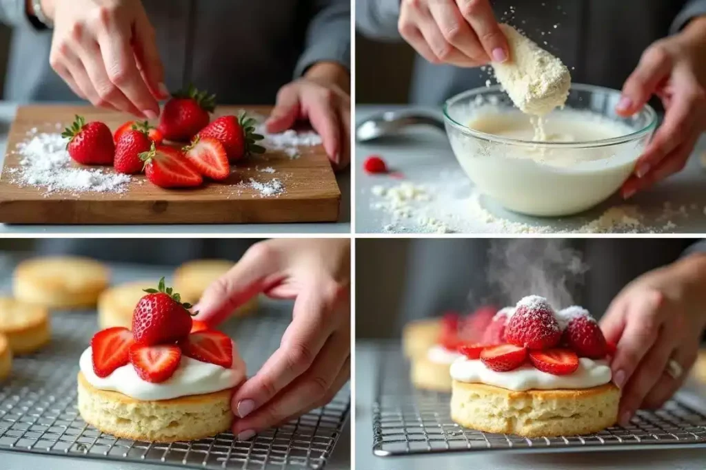 Quick and simple strawberry shortcake with fresh strawberries and whipped cream, served on a plate