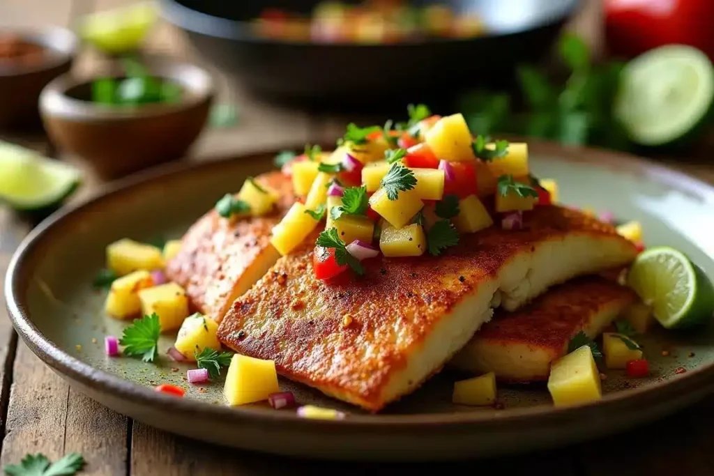 Blackened halibut fillet topped with fresh pineapple salsa, served with lime wedges