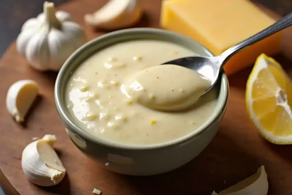 Garlic Parmesan Cane's Sauce in a bowl, garnished with grated Parmesan and minced garlic