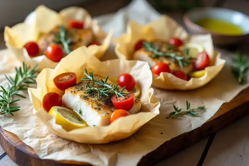 Halibut en Papillote with fresh herbs and vegetables, wrapped in parchment paper on a plate