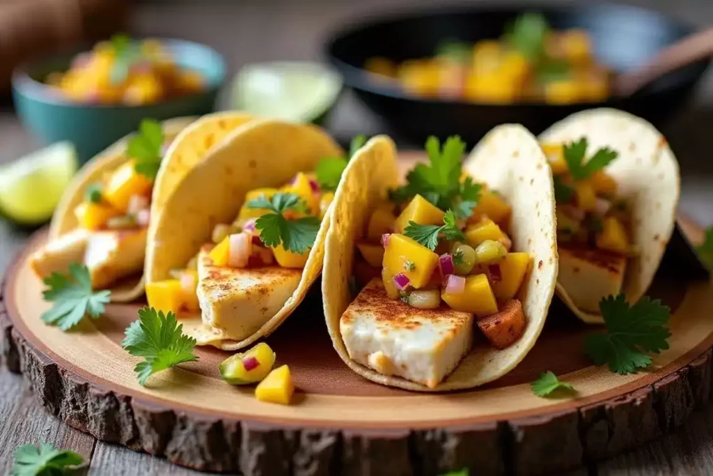 Halibut tacos topped with fresh mango salsa, served with lime wedges on a plate